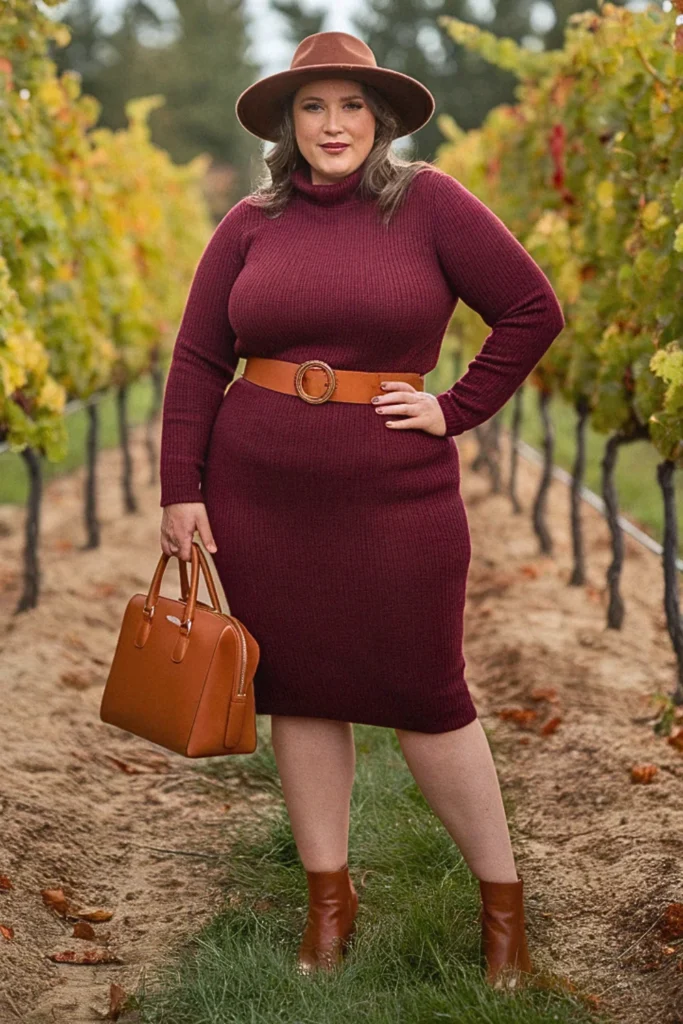Plus Size Fall Burgundy Sweater Dress Hat Winery Outfit