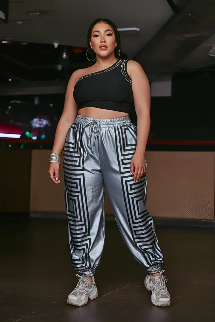 Plus Size Metallic Printed Joggers and One-Shoulder Crop Top Summer Club Outfit