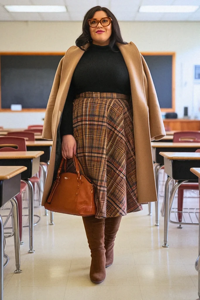 Plus Size Fall Plaid Midi Skirt Teacher Outfit