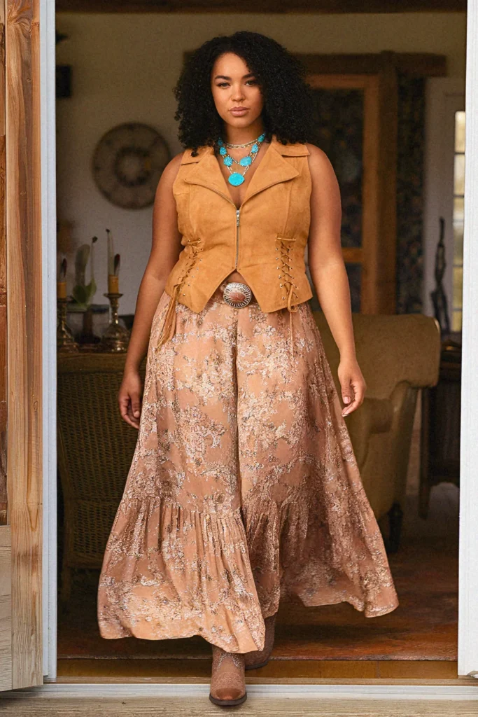 Plus Size Lace-Up Suede Vest with Floral Palazzo Pants Cowgirl Outfit