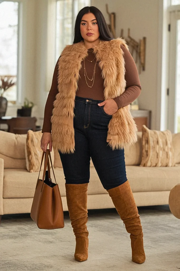 Plus Size Faux Fur Vest and Bodysuit Fall Outfit