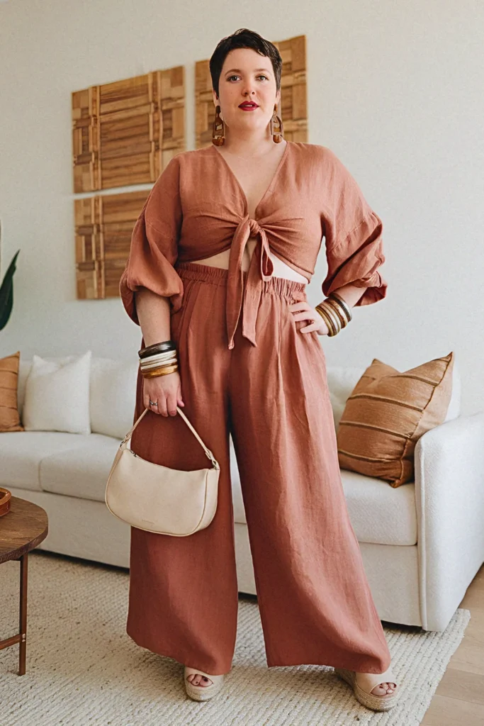 Plus Size Classy Tie-Front Coordinate Summer Outfit