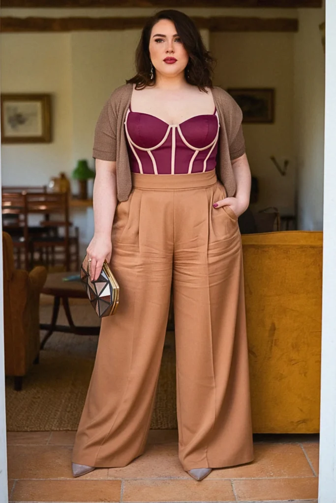 Plus Size Corset Top and Wide-Leg Trousers Fall Outfit
