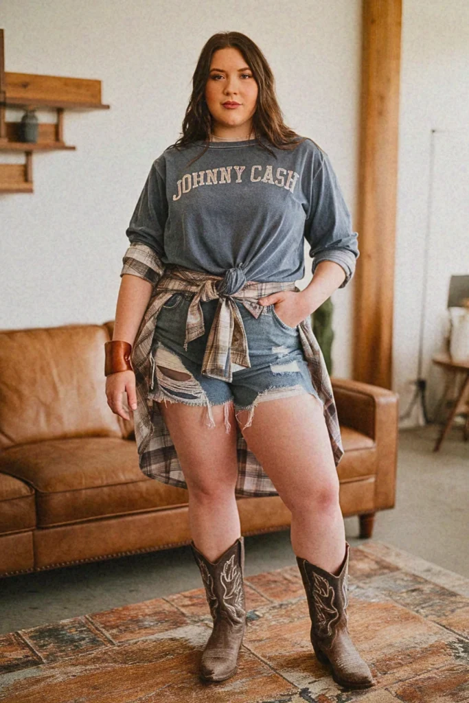 Plus Size Summer Distressed Denim Shorts and Band Tee Nashville Outfit