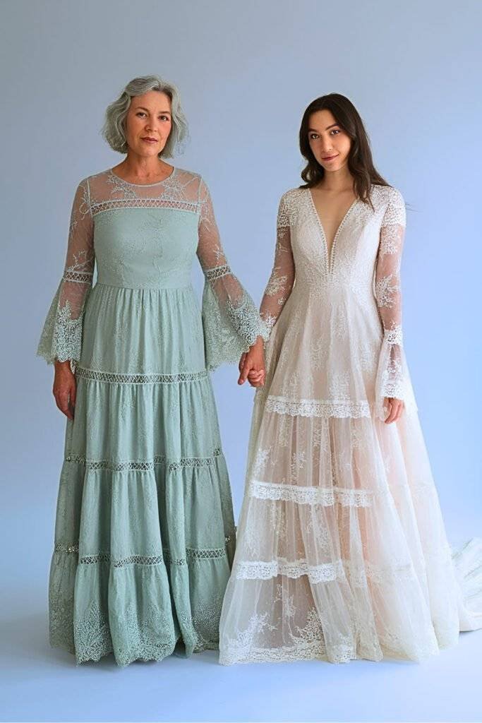 Plus Size Bohemian Sage Green Lace Tiered Maxi Mother of the Bride Dress with Bell Sleeves