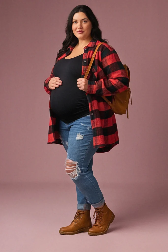 Plus Size Fall Flannel Shirt Layered Maternity Outfit