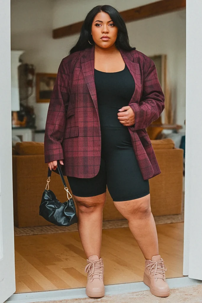 Plus Size Oversized Blazer and Bike Shorts Fall Outfit
