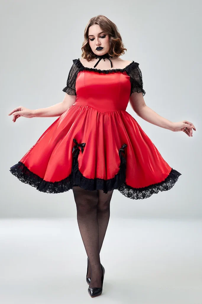 Plus Size Halloween Costume Gothic Red Satin Lace Bow Puff Sleeves Ruffle Layered Mini Dress