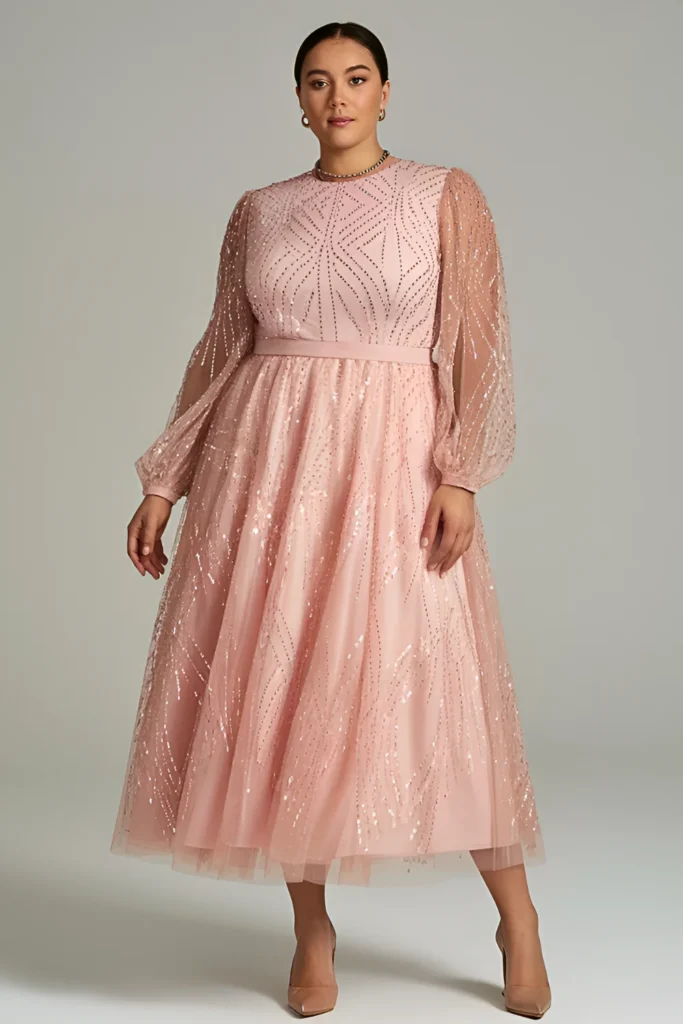 Plus Size Winter Rose Gold Sequin Tulle Maxi Dress