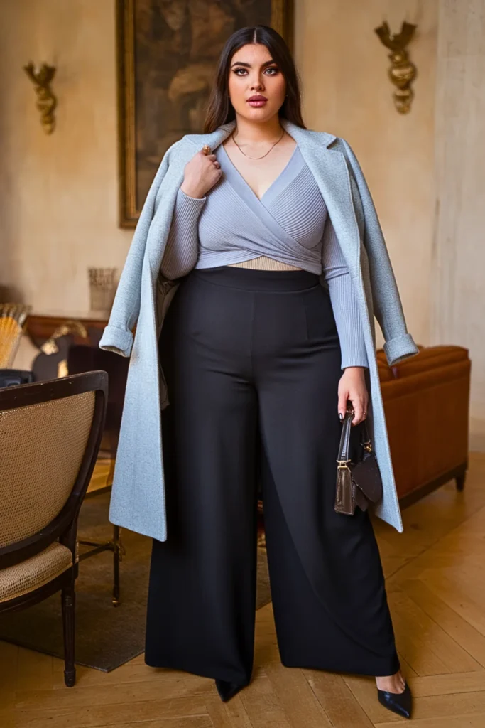 Plus Size Wrap Front Sweater With Palazzo Pants Winter Outfit