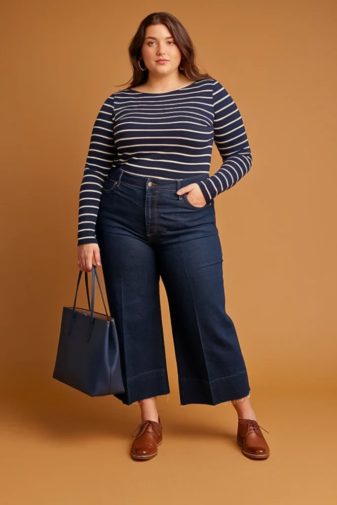 Plus Size Casual Boat Neck Top and Cropped Wide Leg Jeans Autumn Outfit