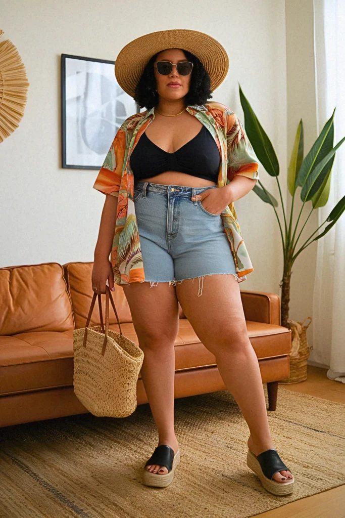 Plus Size Summer Denim Cutoffs and Hawaiian Print Shirt Outfit