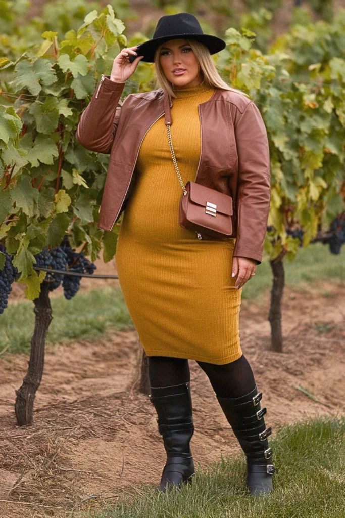 Plus Size Fall Mustard Midi Dress Boots Winery Outfit