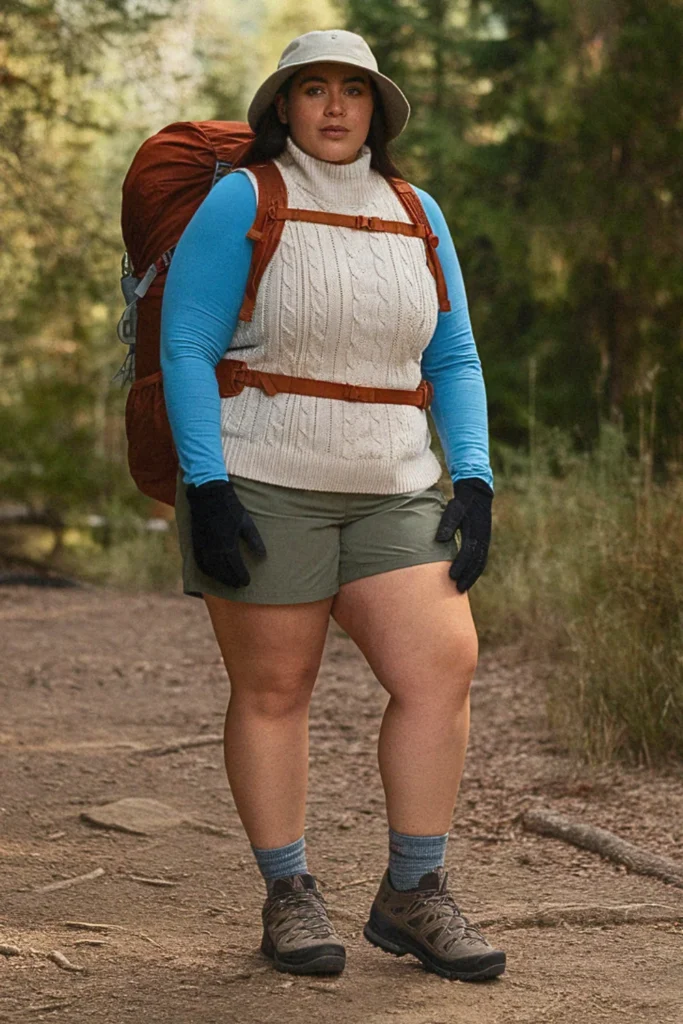 Plus Size Fall Sweater Vest with Hiking Shorts Hiking Outfit