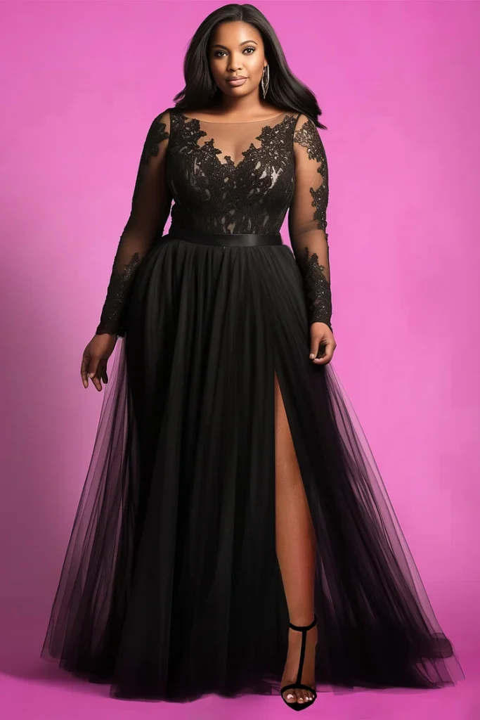 Plus Size Formal Black V Neck Long Sleeve Split See Through Tulle Maxi Dress