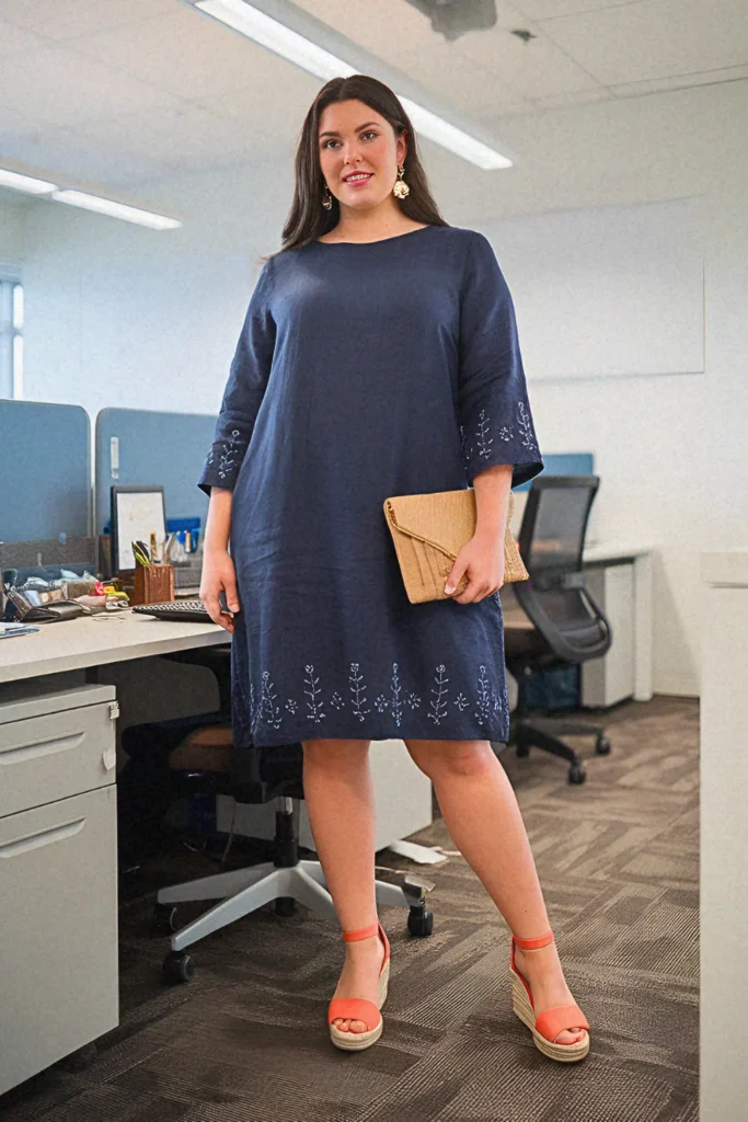 Plus Size Summer Embroidered Linen Blend Shift Dress Office Outfit