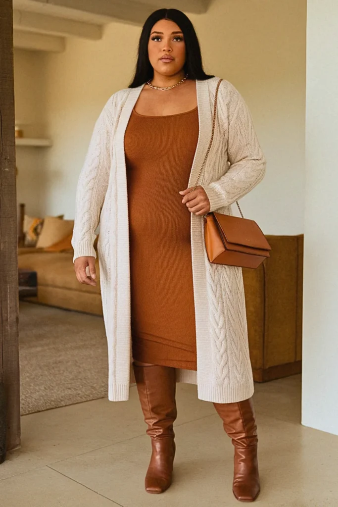 Plus Size Fall Cable Knit Cardigan With Midi Dress Comfy Outfit