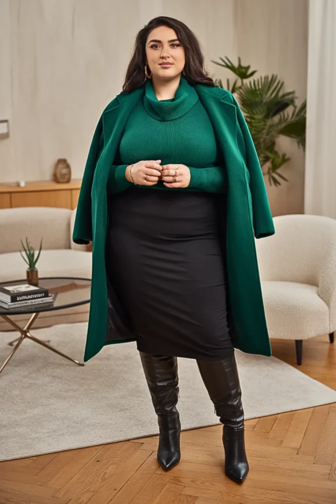 Plus Size Cowl Neck Sweater with Ponte Skirt and Knee Boots Winter Outfit