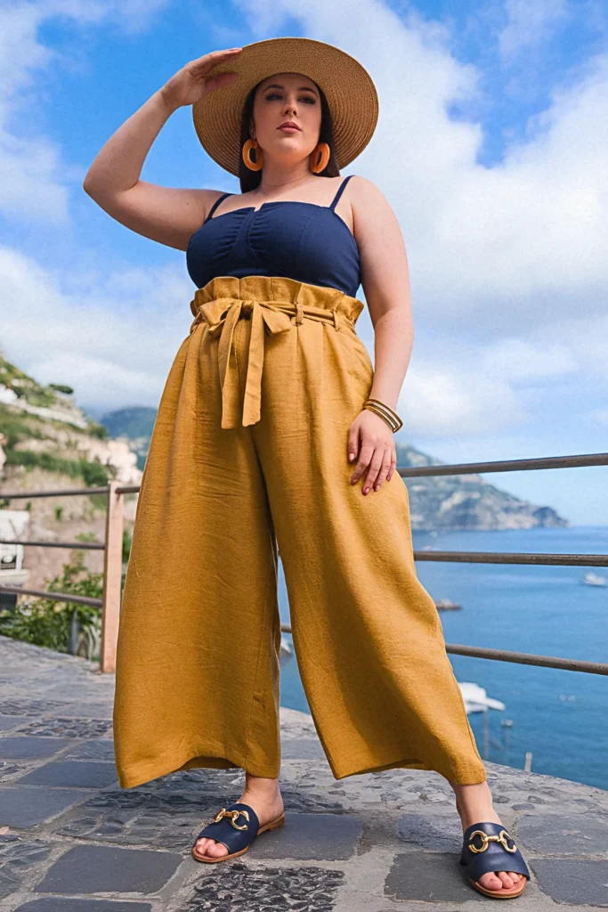 Plus Size Summer Paper-Bag Palazzo Pants and Bandeau Top European Outfit