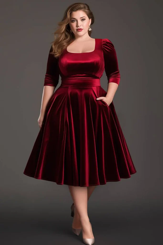 Plus Size Valentine's Red Velvet Empire Waist Midi Dress