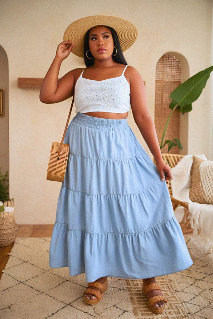 Plus Size Summer Tiered Chambray Long Skirt Outfit