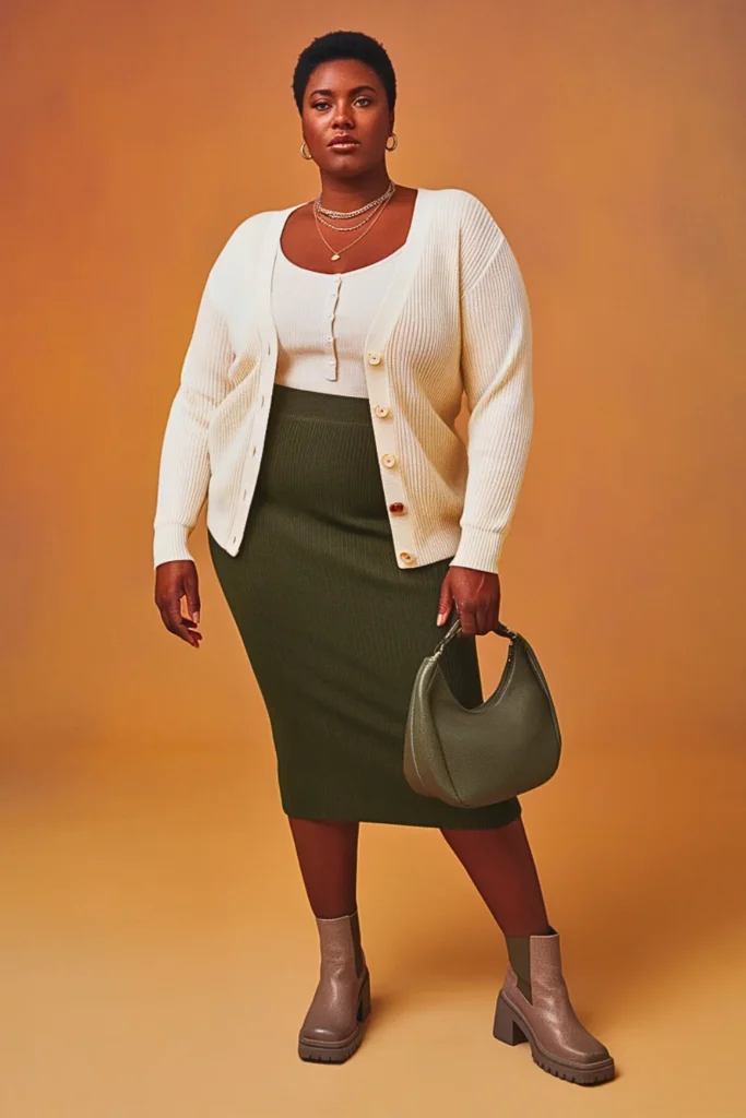 Plus Size Button-Front Cardigan and Midi Skirt Autumn Outfit