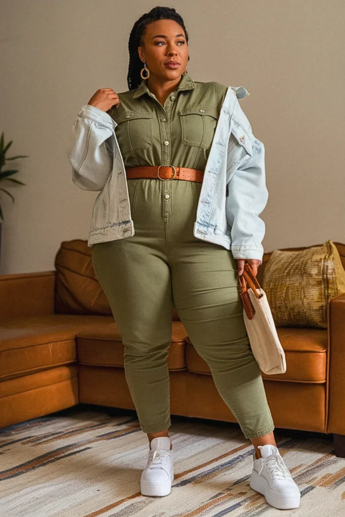 Plus Size Utility Jumpsuit and Denim Jacket Fall Outfit