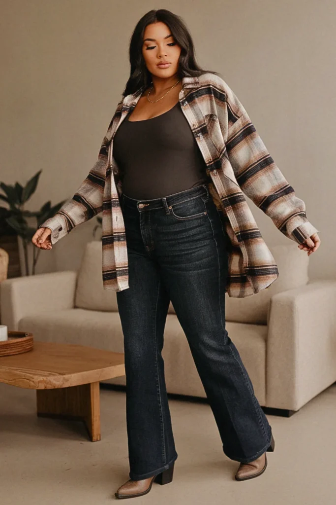 Plus Size Cute Plaid Shirt Casual Fall Outfit