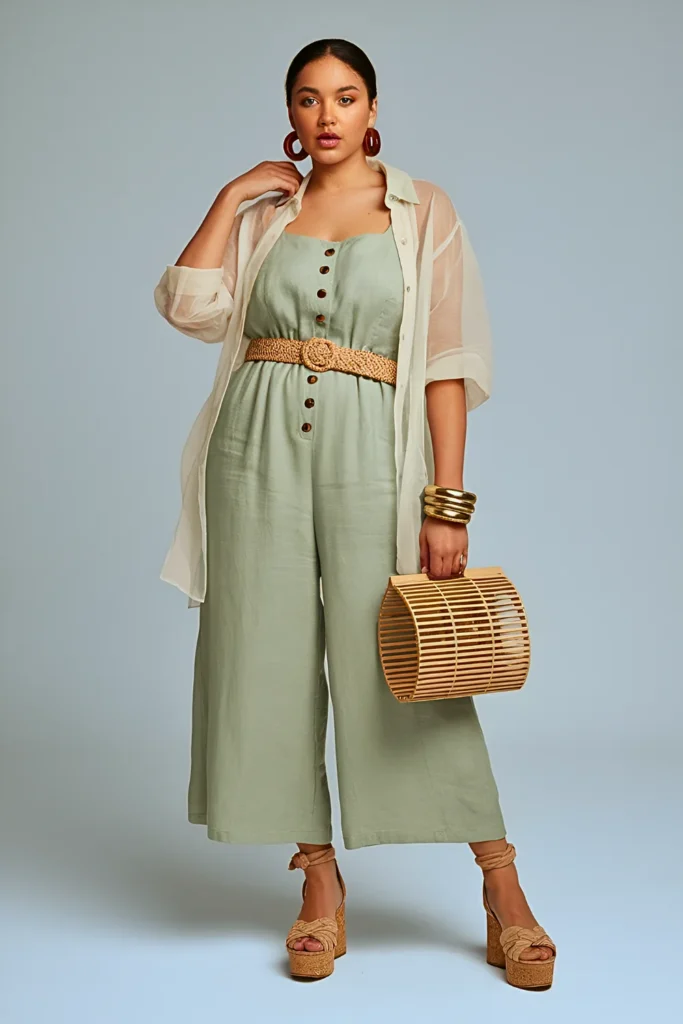 Spring Summer Botanical Linen Jumpsuit Ensemble
