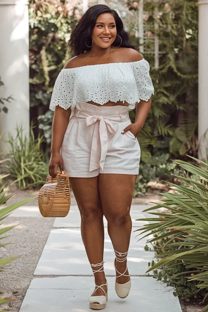 Off-the-Shoulder Eyelet Crop Top + Paper Bag Shorts Casual Outfit