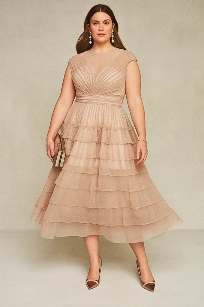 Plus Size Ruffled Tiered Midi Empire Waist Wedding Guest Dress