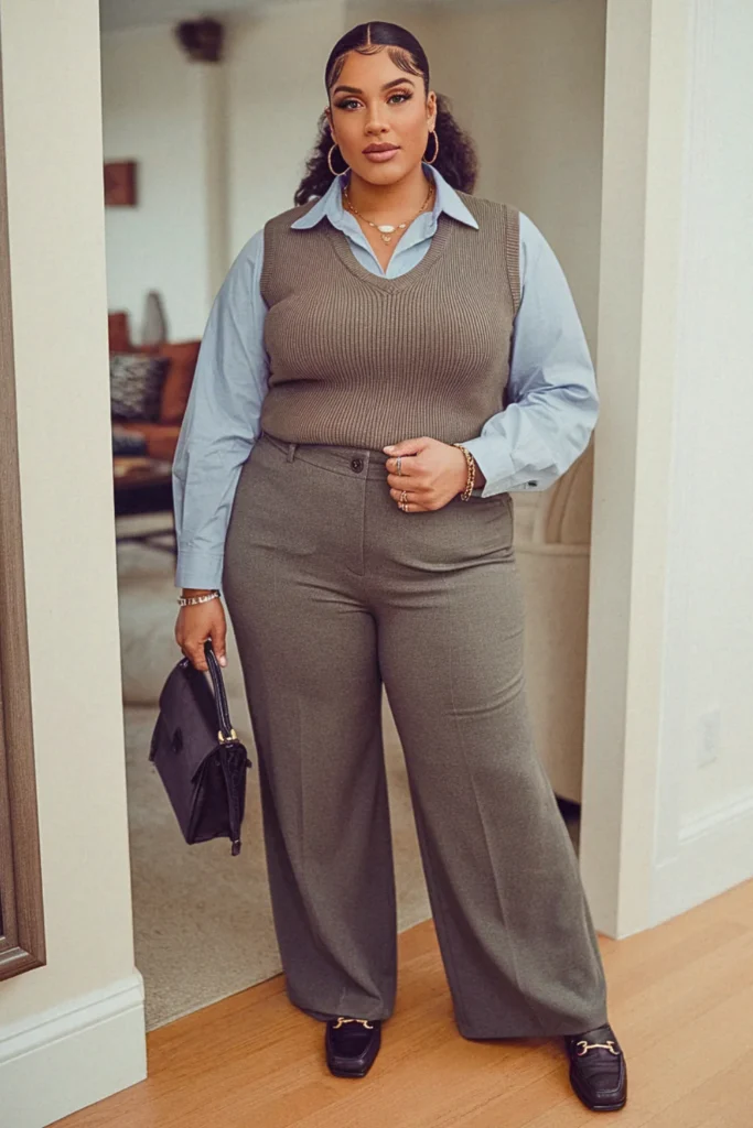 Plus Size Sweater Vest Button Down Fall Outfit