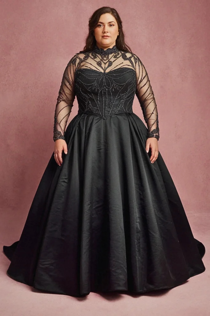 Plus Size Victorian-Inspired High Neck Black Wedding Dress