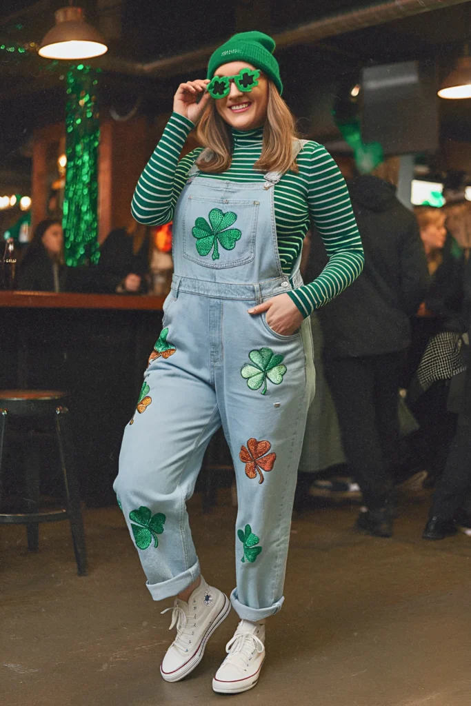 Clover Embroidered Denim Overalls and Striped Tee St. Patrick's Day Outfit