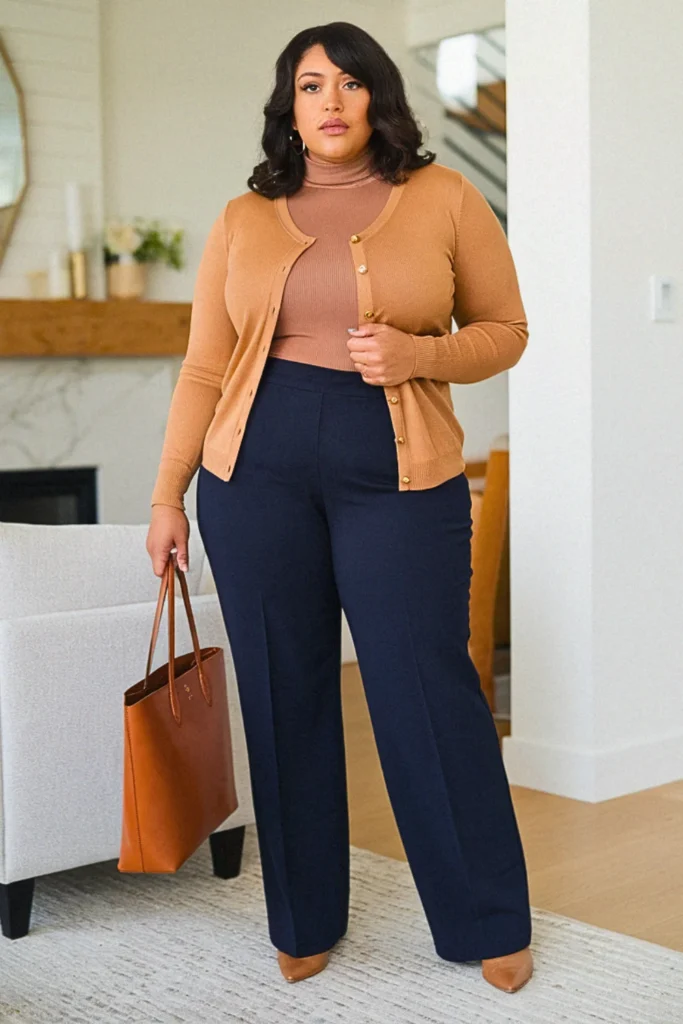 Plus Size Preppy Cardigan and Straight-Leg Pants Fall Outfit
