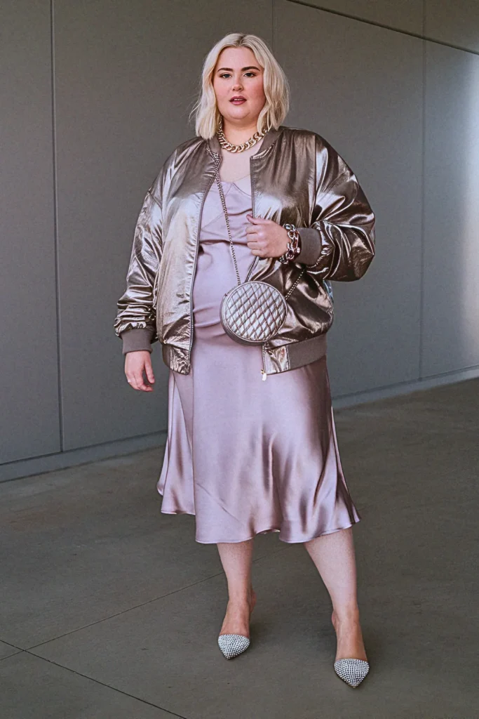 Plus Size Summer Metallic Bomber Jacket and Slip Dress Vegas Outfit