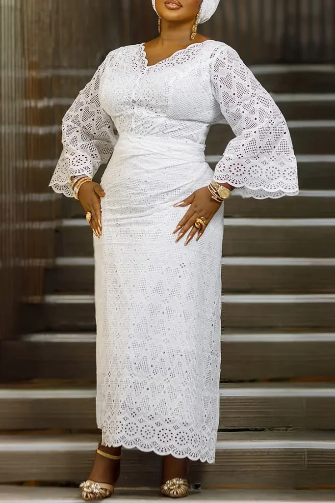 Plus Size Wedding White V Neck Flare Long Sleeve See Through Lace Maxi Dress