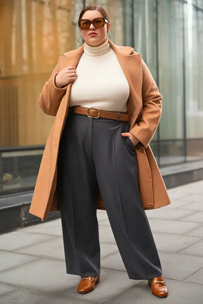 Plus Size New York Cashmere Turtleneck and Wide-Leg Trousers Fall Outfit
