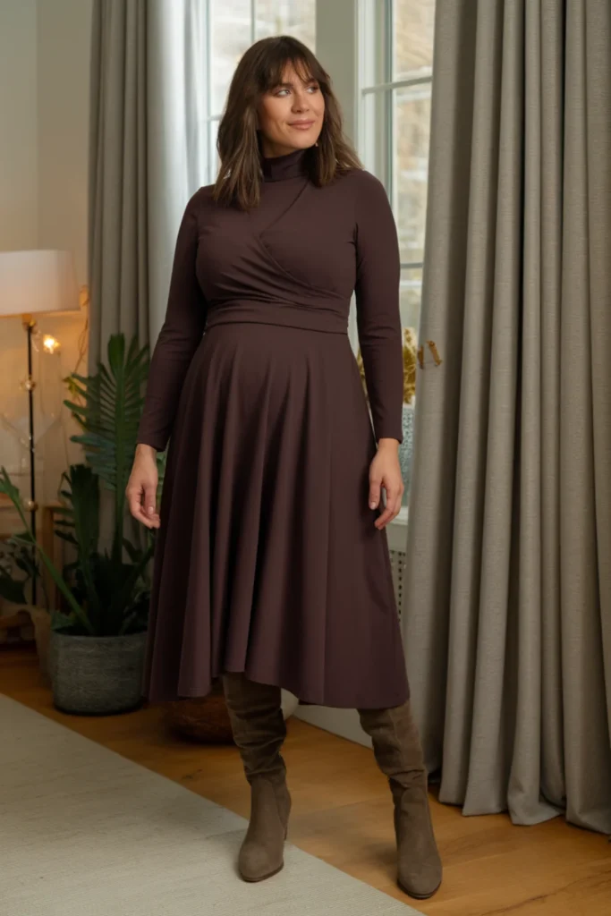 Winter Curvy Mom Wrap Dress and Boots Outfit