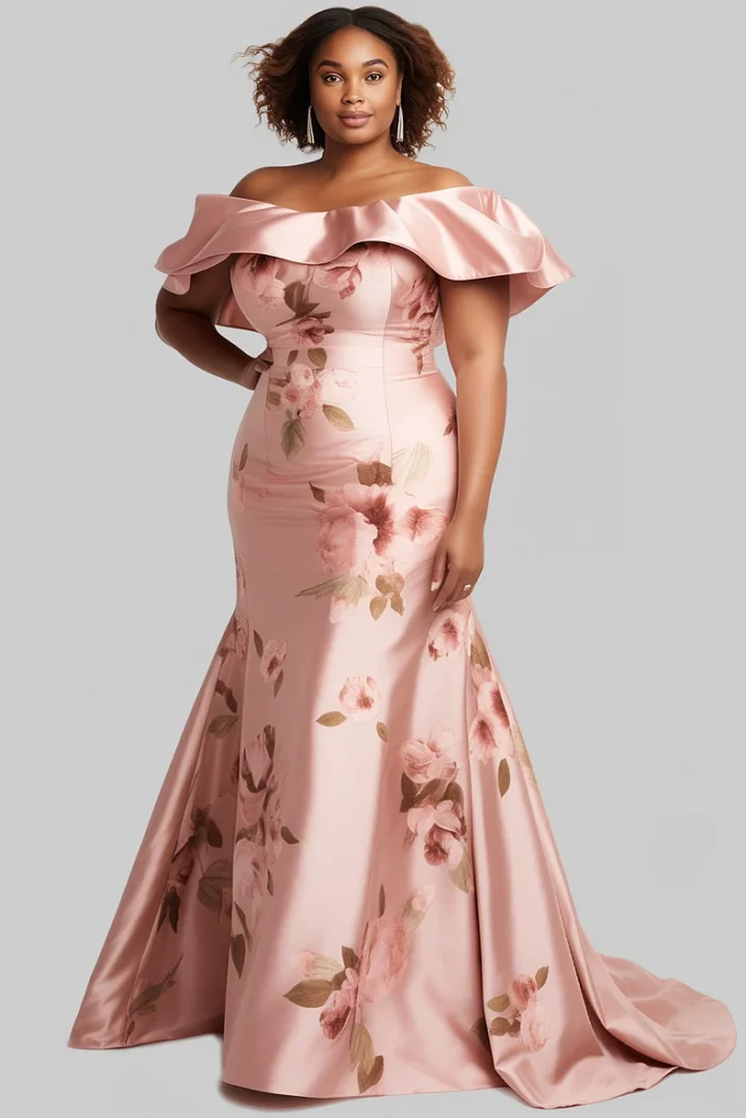 Plus Size Mother Of The Bride Pink Floral Off The Shoulder Mermaid Satin Maxi Dress