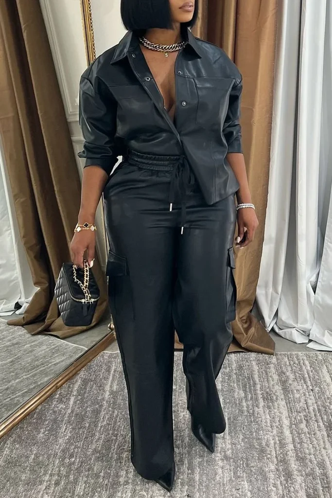 Plus Size Business Casual Black Shirt Collar Long Sleeve Pull-On Waist Cargo PU Leather Two Piece Pant Set