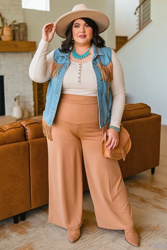 Plus Size Fall Fringe Denim Vest Nashville Outfit