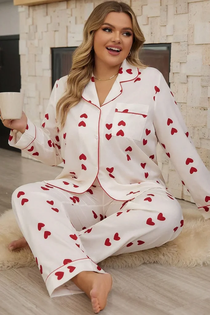 Plus Size White Heart Print Lapel Collar Button Long Sleeve Pajamas Set