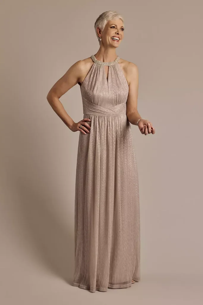Cashmere Metallic A-Line Dress with Jeweled Neckline