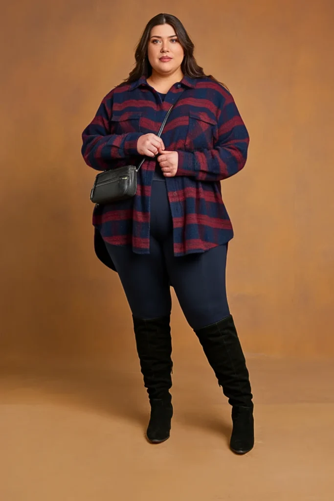 Plus Size Casual Plaid Shirt and Black Leggings Autumn Outfit