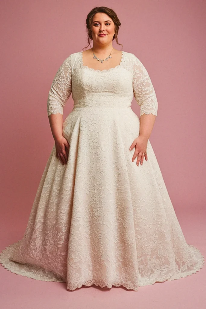 Plus Size A-Line Three-Quarter Sleeve Vintage Wedding Dress