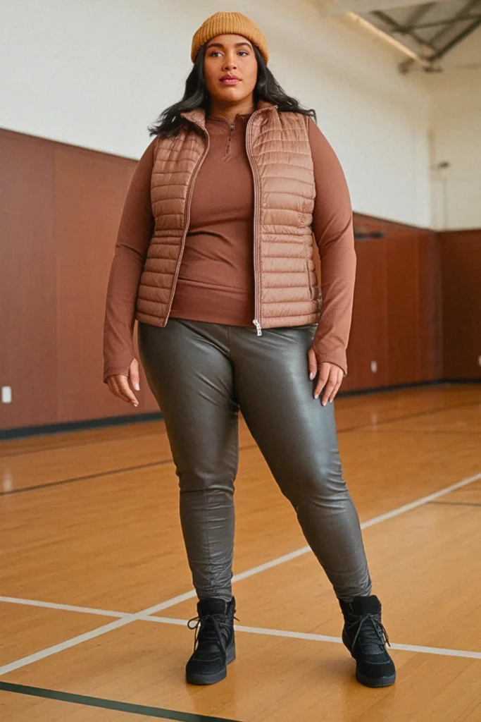 Plus Size Fall Puffer Vest and Leggings Athleisure Outfit