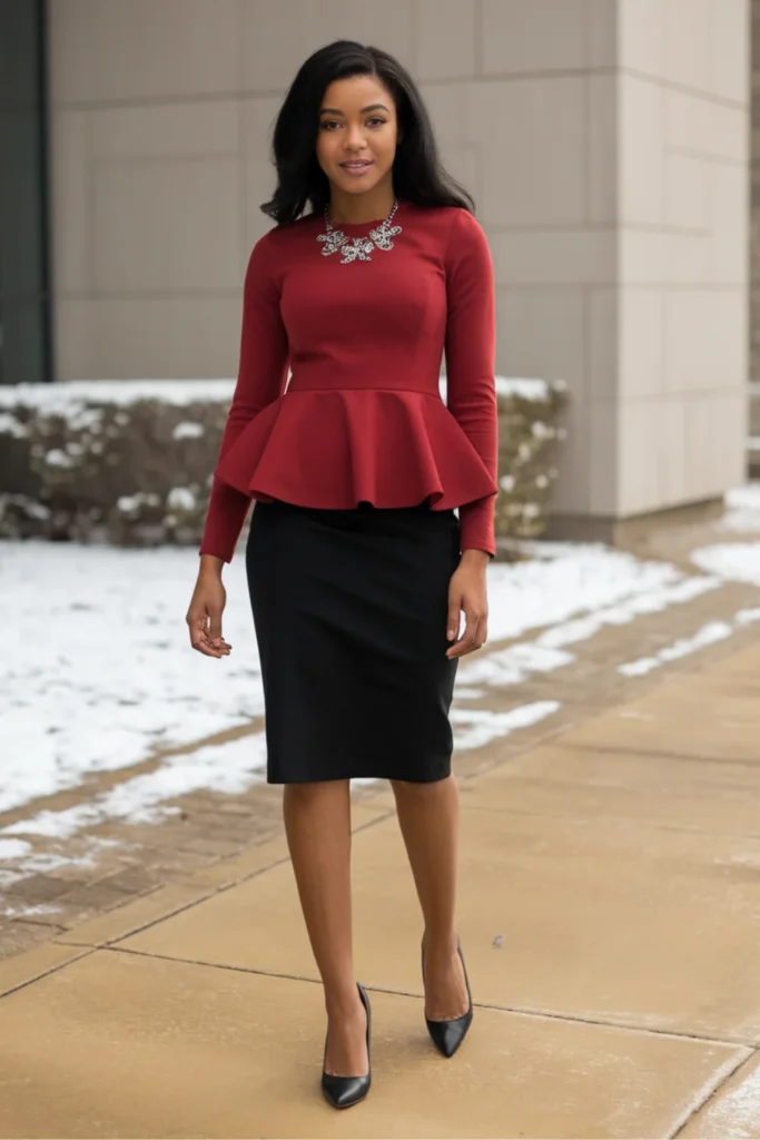 Black Girl Peplum Top and Pencil Skirt Winter Outfit