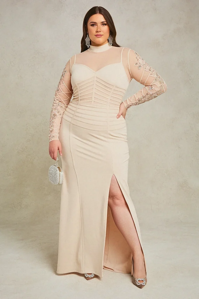 Plus Size Illusion Sleeve Trumpet Silhouette Wedding Guest Dress