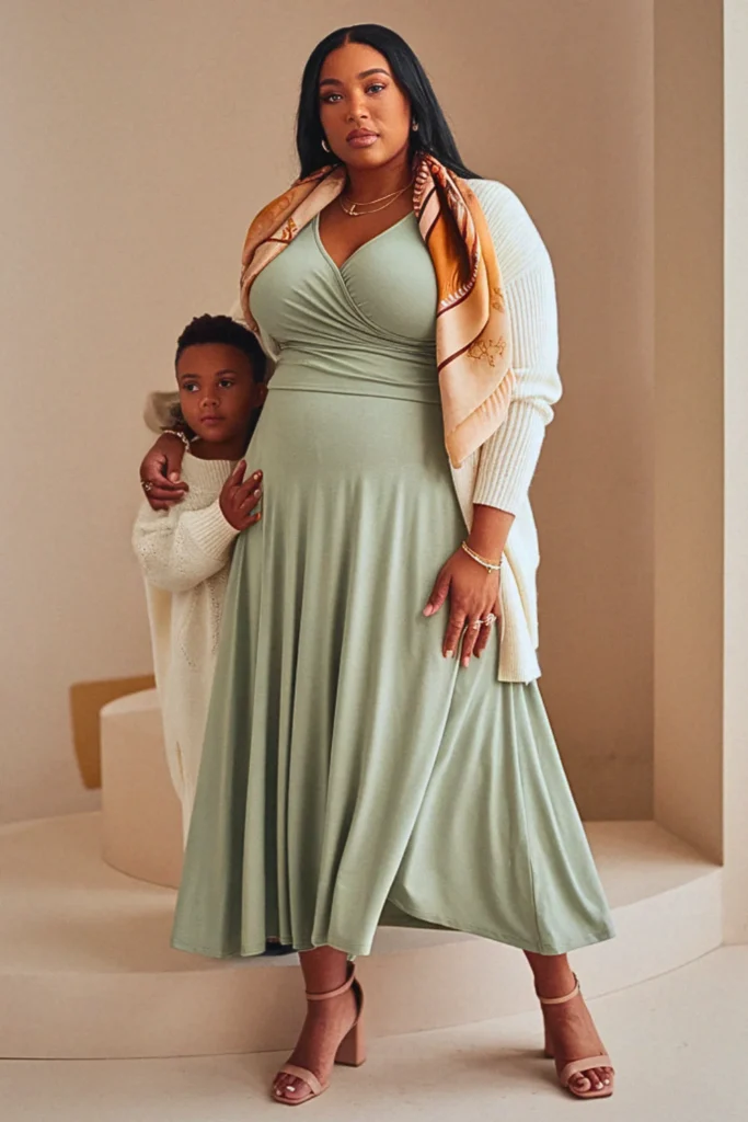 Plus Size Fall Sage Green Midi Dress Family Outfit